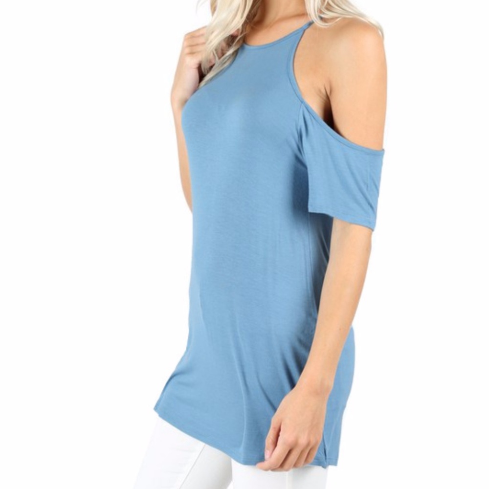 Blue cold shoulder strappy long relaxed shirt top